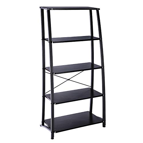 FIVEGIVEN 5 Shelf Ladder Bookshelf Tall Modern Office Book Shelf Wood Look Metal Frame Open Bookcase Brownish Black
