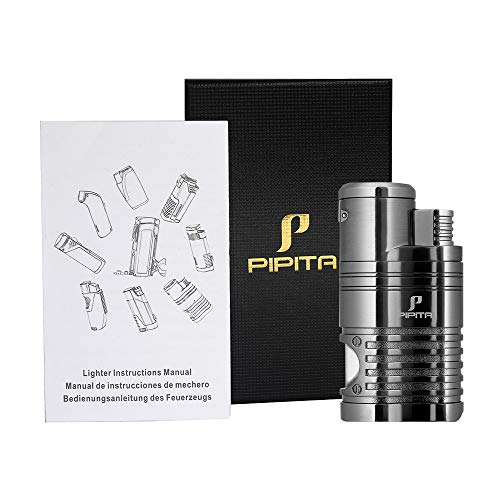 PIPITA Windproof Cigar Lighter Torch Quad 4 Jet Red Flame RefillableButane Gas Cigar Lighter with Punch Metal Cigarette Lighter (Gunmetal Gray)