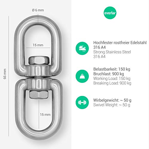 everlar® 2 Karabiner + Edelstahl Dreh-Wirbel Set I Sicheres & Einfaches Aufhängen von Lampen, Flaggen, Boxsack… – Bild 6