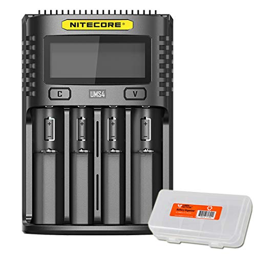 Nitecore UMS4 Intelligent USB-C Four Slot Quick Battery Charger for Li-Ion/Ni-MH/Ni-Cd/IMR 16340 14500 18650 21700 20700 AA AAA and More Batteries, with Organizer