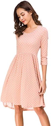 Womens Midi Dress 3/4 Sleeve Polka Dot O Neck Casual Tunic Pleated Loose Vintage Retro Swing Dresses with Pockets