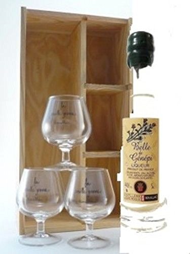 liqueur belle de genepi 70cl presente en coffret bois et ses 3 verres degustation louis roque