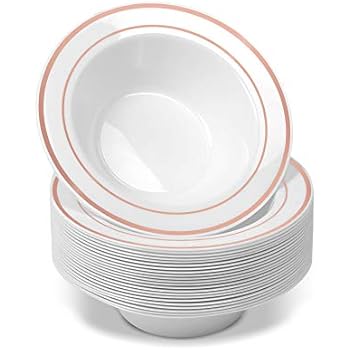 BloominGoods 50 Disposable Plastic Dessert Bowls | SMALL 6 oz. White Rose Gold Rimmed Premium Heavy Duty Real China Design Reusable | Great for Parties (50-Pack)