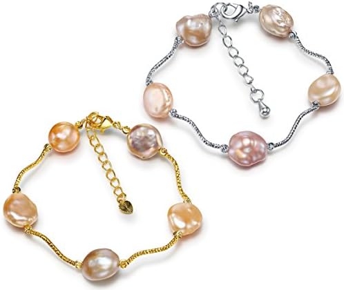 Organic Jewelry Set Freshwater Cultured Large Flat Baroque Pearl Bracelets 6.5"-8.0" Luxurious Gift Box
