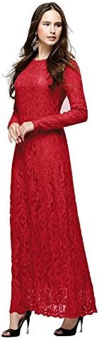 XFentech Women's Fashion Muslim Dress Long Sleeve Slim Lace Kaftan Abaya Middle East Islamic Clothing Long Maxi Dress