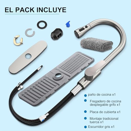 Grifo Mezcladora para Fregadero de Cocina de Acero Inoxidable, 360º Giro Mezcladora para Fregadero, Llave para Fregadero de Acero Inoxidable con 2 Modos de Agua (Plata)