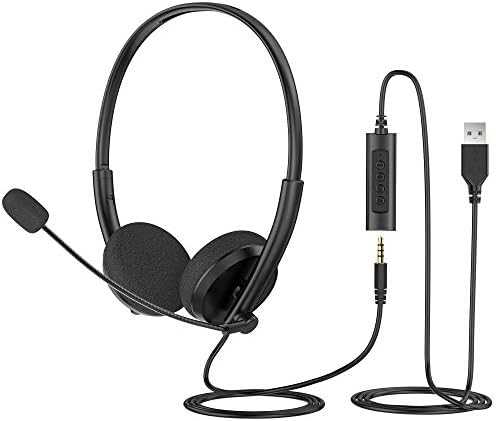 3.5mm/USB Headset with Microphone, Lightweight Computer Headset with Microphone, Inline Volume Mute Control, Headset with Noise Cancellation Microphone for Laptop, PC, Cell Phone, Skype Chat.