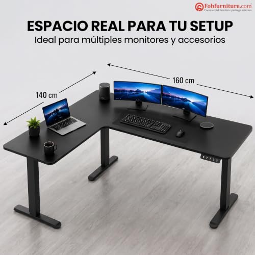 FOH Furniture Escritorio Eléctrico en L Ajustable en Altura 160x140 cm, Esquinero Sit Stand, Estación de Trabajo Ergonómica, Estructura de Acero, para Oficina en Casa, Negro
