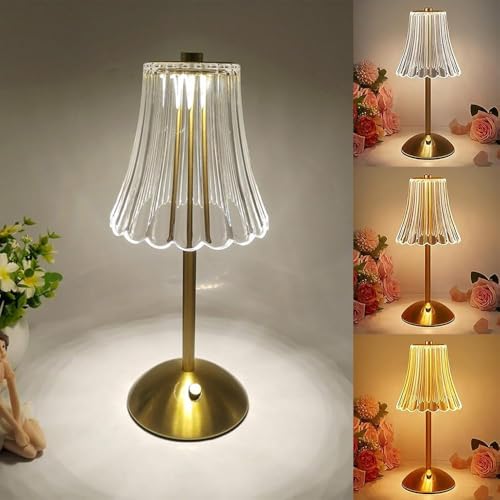 Crystal Table Lamp, Dimmable 3-Color LED Touch Cordless Lamp, Rechargeable Small Nightstand and Bedside Lamp for Bedroom, Bar and Restaurant, 28.5 x 12 CM