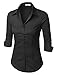 LE3NO Womens Roll Up 3/4 Sleeve Button Down Shirt with Stretch, L3NWT574_BLACK, X-Small