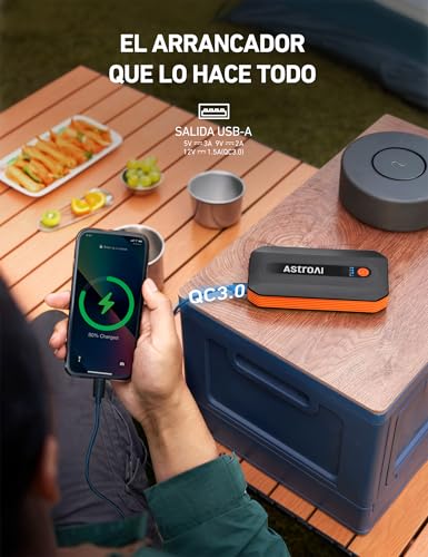 AstroAI B8 Arrancador De Batería para Coche, Cargador de Batería de Auto y Jump Starter Carro De 12 V (7,0 L Gasolina / 5,5 L Diésel). Incluye Luz Led Y Todos Los Accesorios (Naranja)
