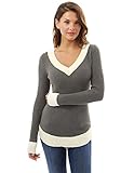 PattBoutik Women's V Neck Long Sleeve Curve Hem Sweater