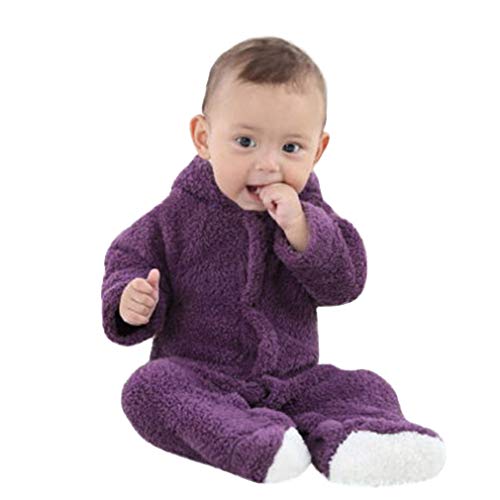 FEITONG Newborn Baby Boys Girls Cartoon Animal Warm Hooded Romper Jumpsuit Climbing Clothes(6-9M,Purple)