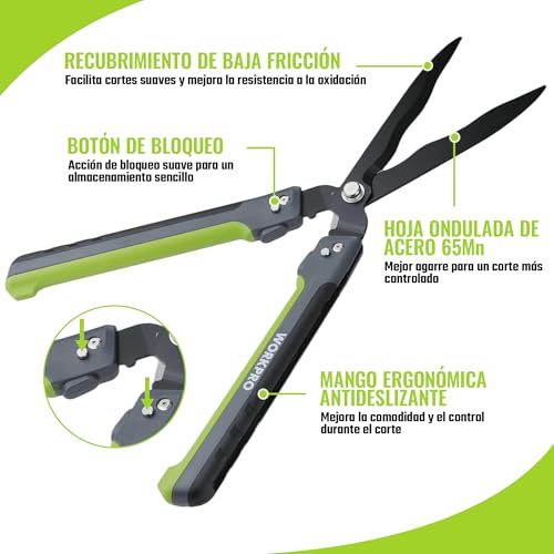 WORKPRO 23 Inch Folding and Ergonomic Hedge Shears for 2 Hands | 65Mn Steel, Wavy Blade, 14° Edge Design, Non-Slip Handle, Ideal for Cutting Hedges, Branches and Gardening