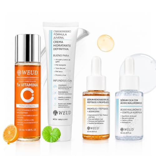 WEUD Skin Care Coreano 4 En 1 Kit, con 1 Crema Hidratante Niacinamida + 1 Tonico Hidratante 5X Vitamina C Activa + 1 Serum Centella Asiatica + 1 Serum Péptidos Propóleo, para Todo Tipo de Piel