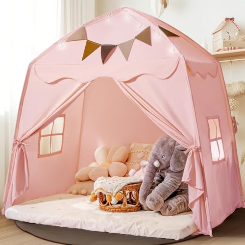 Last Page® Extra Large Toddler Bed Tent & Kids Play Tent Bed Tent with Flags & Star Lights, Portable & Foldable Teepee, Indoor Outdoor Dome Tent Playhouse,Pink
