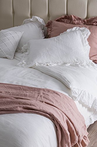 MEADOW PARK Stone Washed Pure Linen Duvet Cover Set 3 Pieces, Queen Size - 90 inches x 94 inches - Shams 20 inches x 26 inches, Double Ruffled Style - Corner Ties - Super Soft, White