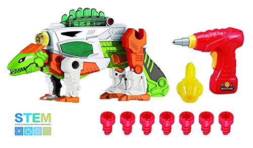 Build Me Take A Part 3-in-1 Dinoblaster Transforming Dinosaur and Toy Gun with Power Drill Toy for Construction with Lights and Sounds.
