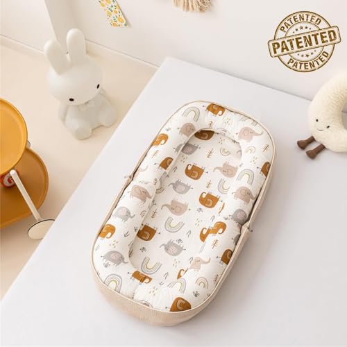 CENXI Baby Lounger, Foldable Infant Nest Pillow with Soft Memory Foam Mat, Cover with Adorable Pattern, Converts to Backpack for Easy Travel, Suit for 0-12 Months Infant (Elephant)