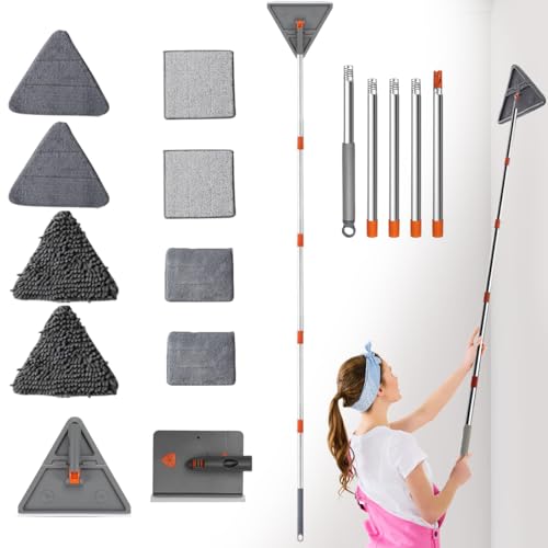 200cm Wall Cleaner Mop with Long Handle Adjustable Baseboard Mop Sweeper | Ceiling Cleaning Tool Duster, Squeegee, with Extendable Pole 2 Heads 8 Reusable Pads, for Window Floor, 3-in-1, Triangle