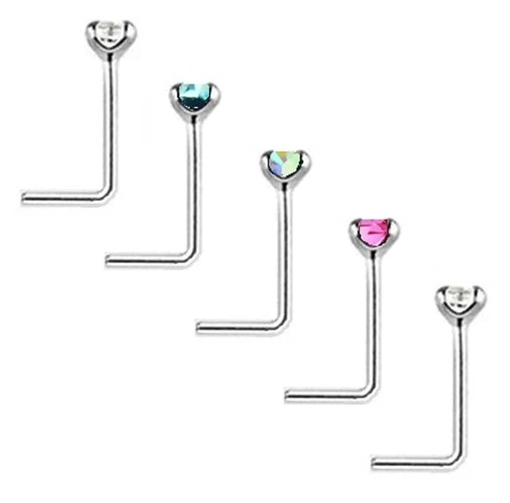 Tiny 1.2mm Mixed Colour Crystals Pack of 5, L Shape Nose Studs Sterling Silver Thin 0.6mm Bar