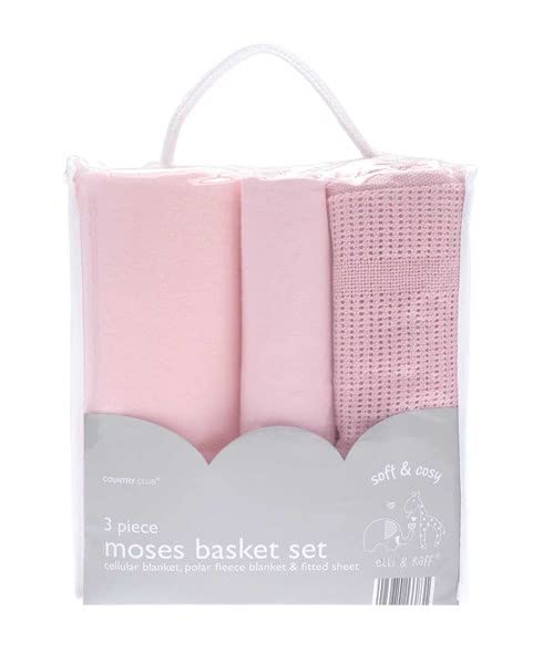 COUNTRY CLUB Soft, Cosy and Easy Care 3 Piece Baby Moses Basket Set - Cellular Blanket/Polar Fleece Blanket/Fitted Sheet - Newborn Baby Gift Idea - White, Blue or Pink (Pink)