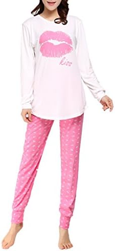 VENTELAN Women's Long Sleeve Sweet Kisses Pajama Sets Sleepwear, Pink, M