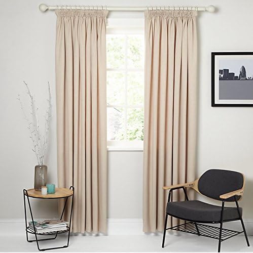 RAYYAN LINEN Thermal Pencil Pleat Blackout Tape Top Pair of Curtains With Free Tiebacks (66" X 72", Cream Natural Beige)