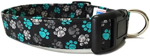 Adjustable Dog Collar in Black with Grey &amp; Teal Paw Prints (U.S.A. Made)