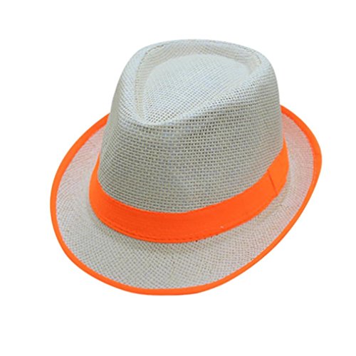 Natural Classic Trilby Fedora Straw Hat - Different Color Band Available (Orange)