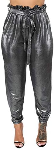Women's Loose Faux Leather PU High Waisted Trouser Pants with Frill Trim Waist Tie