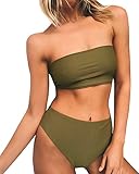 Nulibenna Women's Solid Padded Bandeau Bikini Top High Waist Set Swimsuit