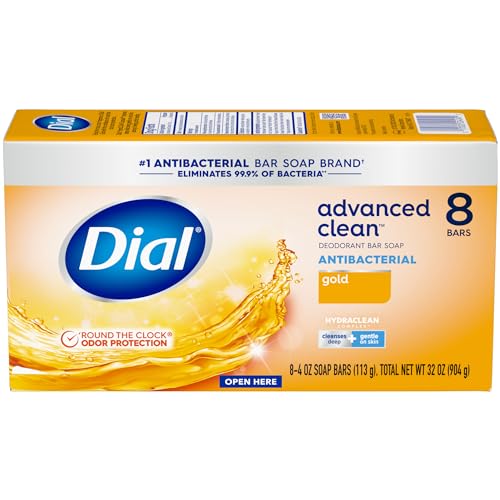 DIAL ANTIBACTERIAL DEODORANT BAR SOAP, ADVANCED CLEAN GOLD, 4 OZ, 8 BARS, ROUND THE CLOCK ODOR PROTECTION, DERMATOLOGIST TESTED, WITH CLEAN RINSE TECHNOLOGY