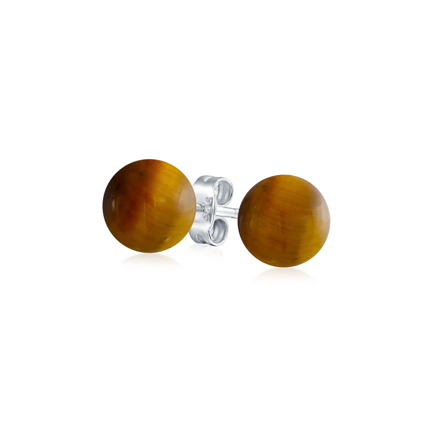 Simple Gemstone Brown Tiger Eye Round Ball Stud Earrings For Women .925 Sterling Silver 6MM