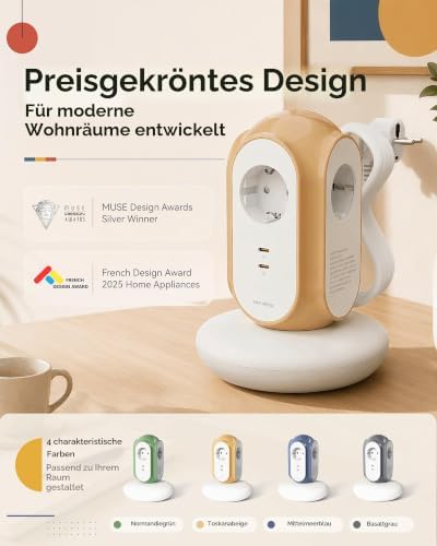 Steckdosenleiste mit 3 Steckdosen & 2 USB-C (30W Schnellladung), 3680W/16A, 1420J Überspannungsschutz, 479g Standfuß, 2 m Verlängerungskabel, Überlastschutz, kompatibel mit Typ C/E/F