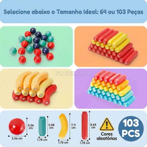 Bloco Magnetico Infantil de Montar, Brinquedo Educativo Infantil Bastões e Bolas, Kit de Construção 2D e 3D, Desenvolvimento STEM para Criatividade, Coordenação Motora e Raciocínio Lógico (103)