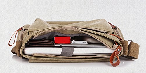 Ecokaki(TM) Casual Business Canvas Shoulder Bookbag Hiking Satchel Messenger Handbag Laptop Crossbody Tote Bag, Army Green - Thumbnail 3