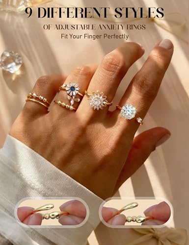 Kakonia 9 Pieces Spinner Ring Women Band Ring Spinner Ring Open Adjustable Stackable Zirkonia Planet Sunflower Flowers Ring Tu ES My Sun Ring Twirl Rings Gift