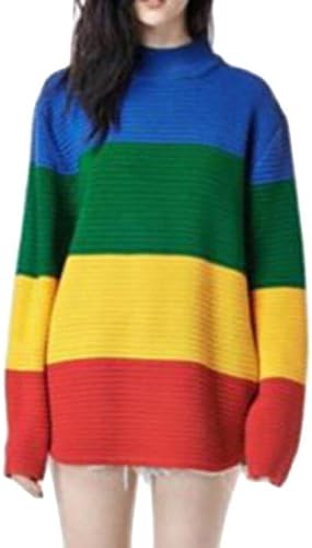 Zago Women's Striped Rainbow Round Neck Casual Pullover Sweater Aspic One Size