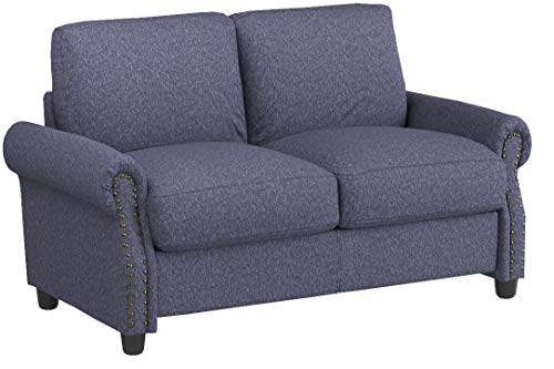 Sofamania Classic Living Room Linen Loveseat with Nailhead Trim and Storage Space (Blue)
