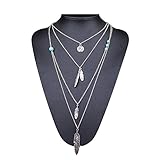 Boosic Bohemian Multi-layer Leaf Feather Pendant Necklace for Women
