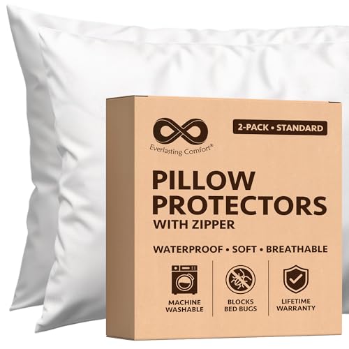 Photo 1 of 100% Stain Resistant & Waterproof Standard Size Pillow Protectors with Zipper Set of 2 - Bed Bug & Dust Mite Proof White Pillowcases - Breathable, Comfortable Covers for Pillows, 21 x 27 Inches