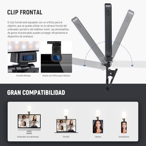 NEEWER Básico LED Selfie Luz Teléfono, Luz Relleno con Clip Recargable 2500-9000K, Películas en Color/Difusor/3000mAh, Luz Videoconferencia Regulable CRI95+ para iPhone Cámara Laptop Zoom Call,BL120B