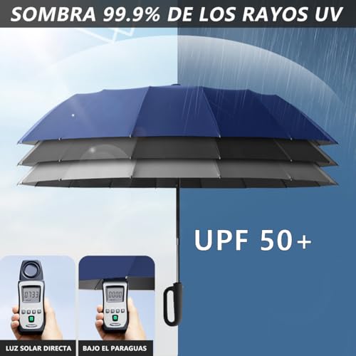MXHIGO Paraguas Plegable Automático con Hebilla de Anillo, Paraguas de Bolsillo Reforzado, Sombrilla Grande Resistente al Viento, Con 20 Varillas Reflectantes y Protección UV, Para Hombres y Mujeres