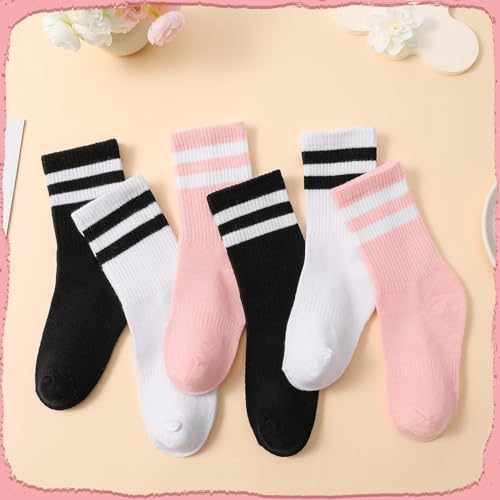 6 paia di calzini da donna 35-38 calzini da tennis in cotone retrò da donna calzini sportivi colorati con motivo a righe Crew Socks per donna ragazza tennis sport, Bianco/Nero/Rosa, 35-38