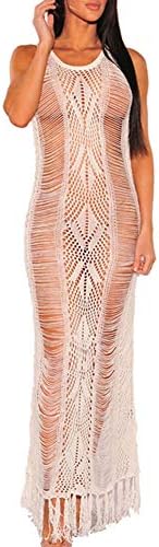 Women Sexy Soft Lace Stretch Crochet Hollow Beach Long Maxi Dress Tassel Swimsuit Bikini Cover Up Party Dress