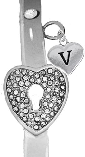 It Really Locks!, The Key To My Heart, "Initial V ", Cuff Crystal Bracelet, Hypoallergenic, Safe-Nickel, Lead, Free