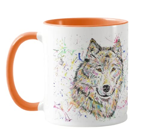 Vixar Wolf Watercolour Rainbow Art Coloured Mug Cup, Gift, Birthday, Work, Office, Christmas Tea Coffee (Orange)