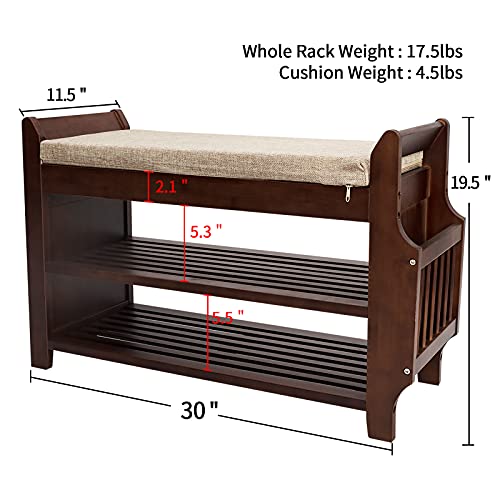 Shoe Bench Rack, Bamboo Removable Cushion Storage Shelf, 2Tier