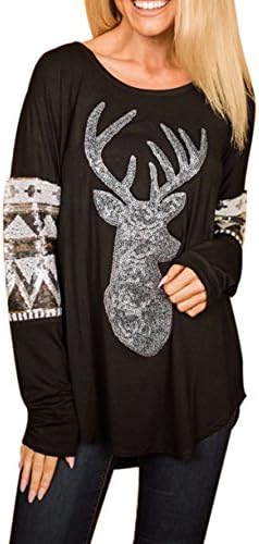 PJHOT Women's Christmas Long Sleeve Front Sequin Deer Sweatshirt Blouse Top T-shirt XXL